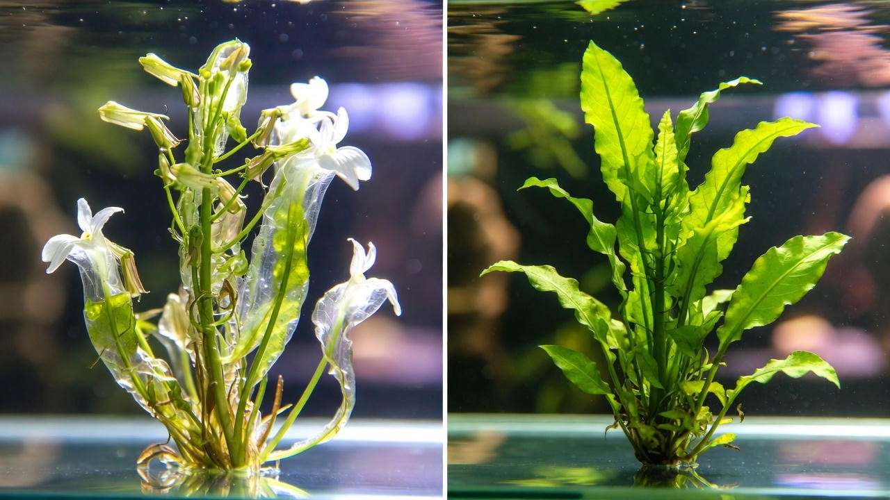 Comparison of melting vs healthy Lobelia cardinalis cardinal plant in aquarium