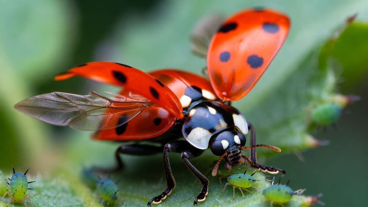 Convergent ladybug eating aphids on a leaf – natural aphid predator