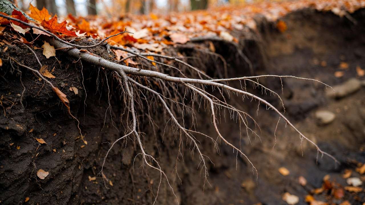 lose-up of active tree roots growing in late fall soil with autumn leaves