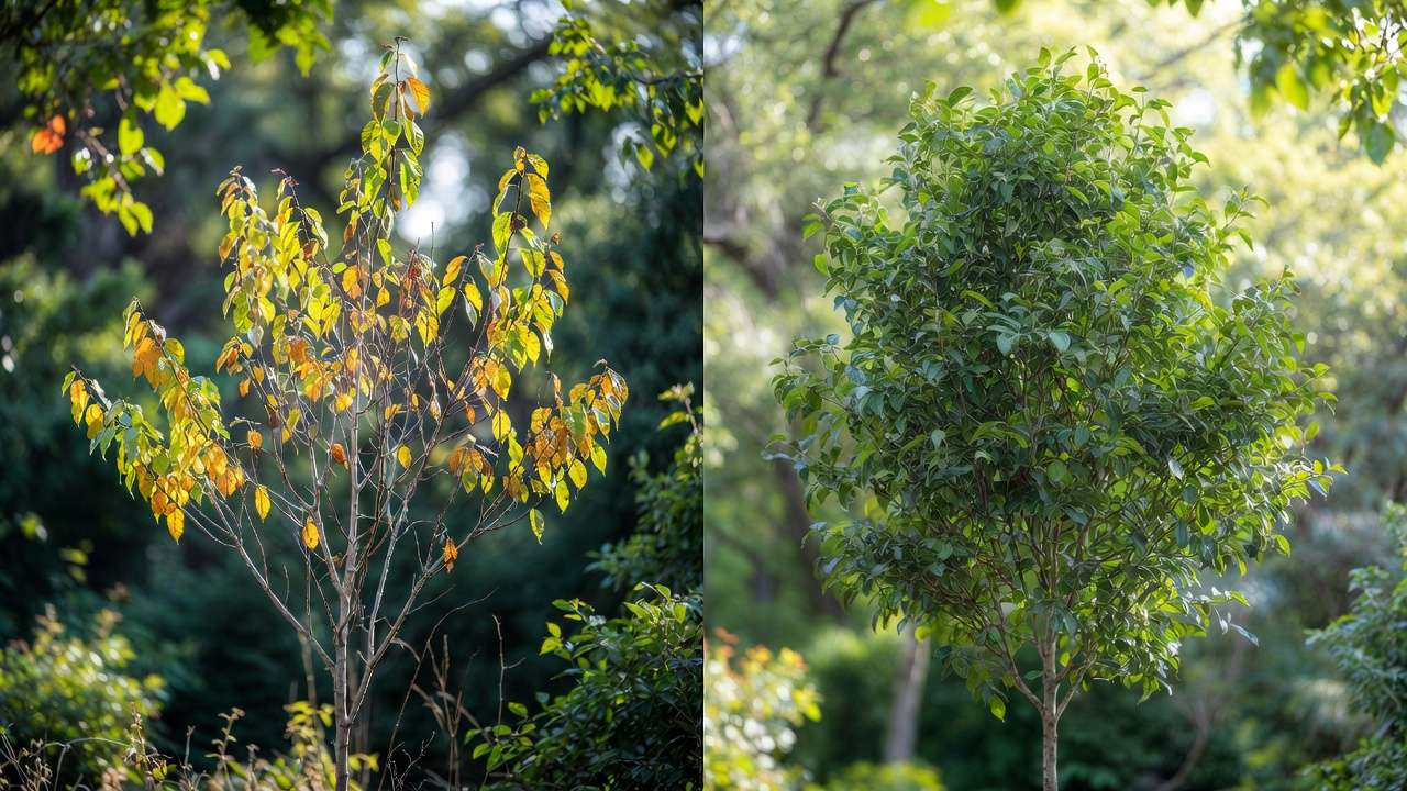 Before and after comparison: stressed spring-planted tree vs healthy fall-planted tree in summer
