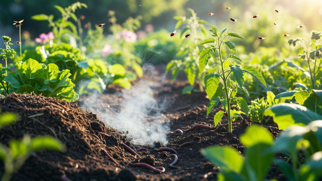 Lush organic vegetable garden with rich living soil, earthworms, and thriving plants illustrating benefits of natural fertilizers