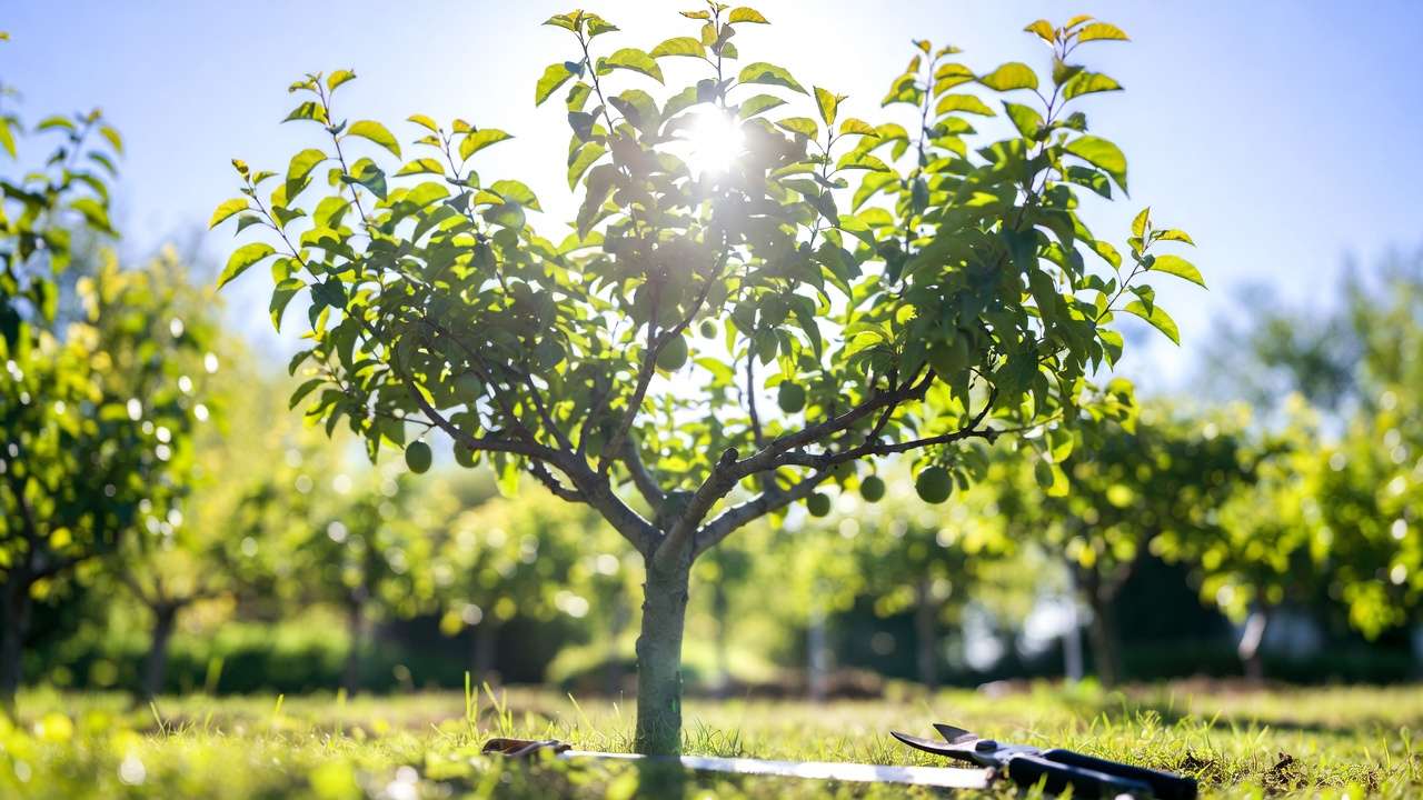 Open pruned fruit tree canopy in sunny orchard showing improved airflow and sunlight for natural pest control