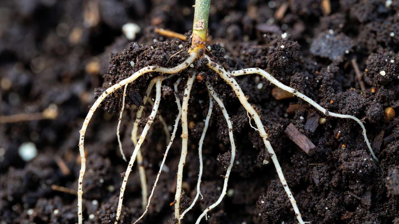 Healthy white feeder roots in aerated soil showing proper root care and aeration benefits