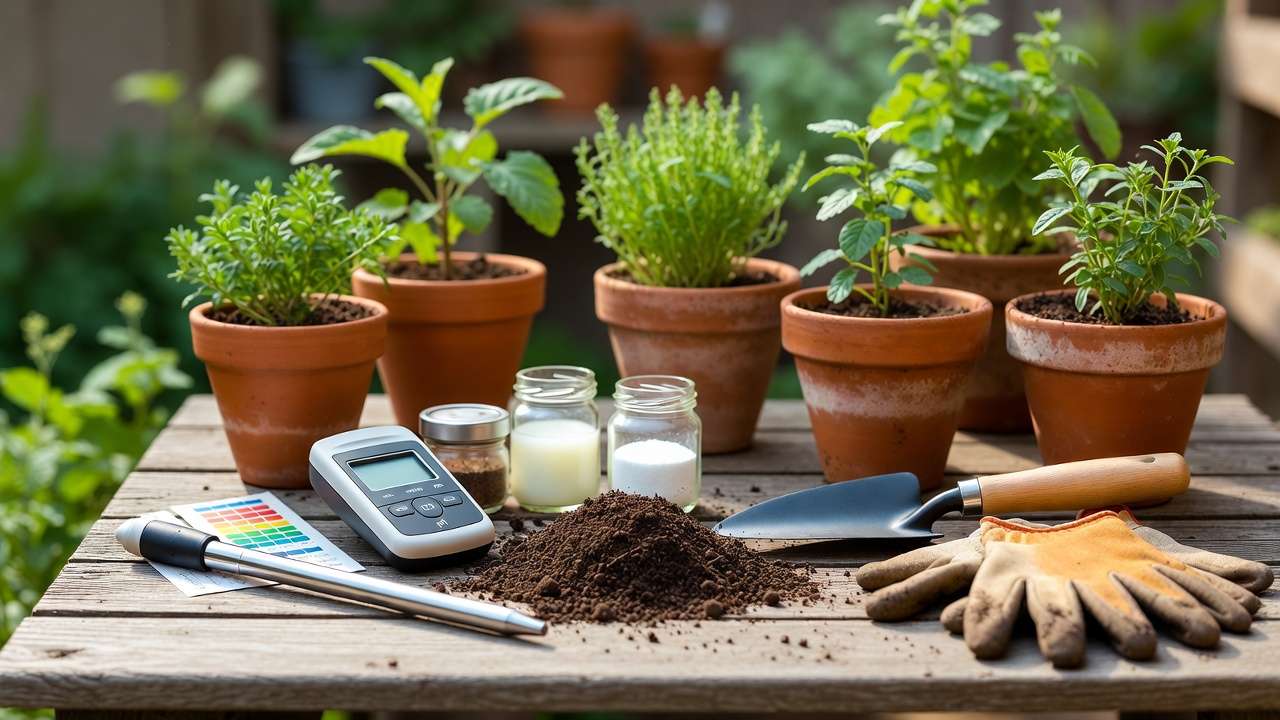 Gardening tools and soil pH testing equipment arranged on outdoor table with potted plants for home testing