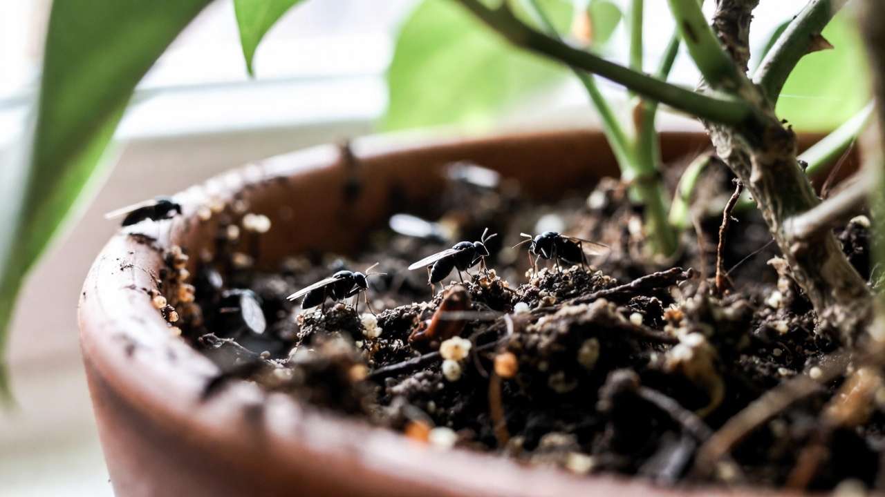 Fungus gnats infestation on houseplant soil surface close-up