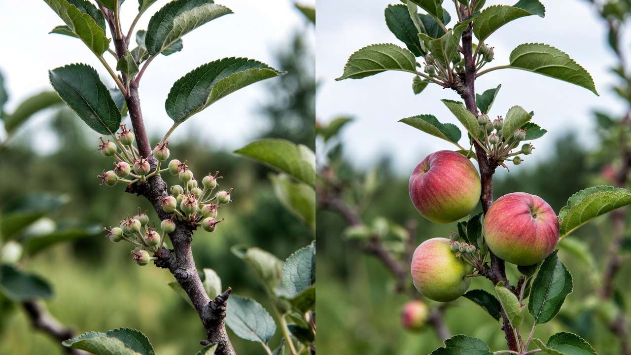 Before and after fruit thinning on apple branch showing crowded vs spaced fruits for bigger harvest