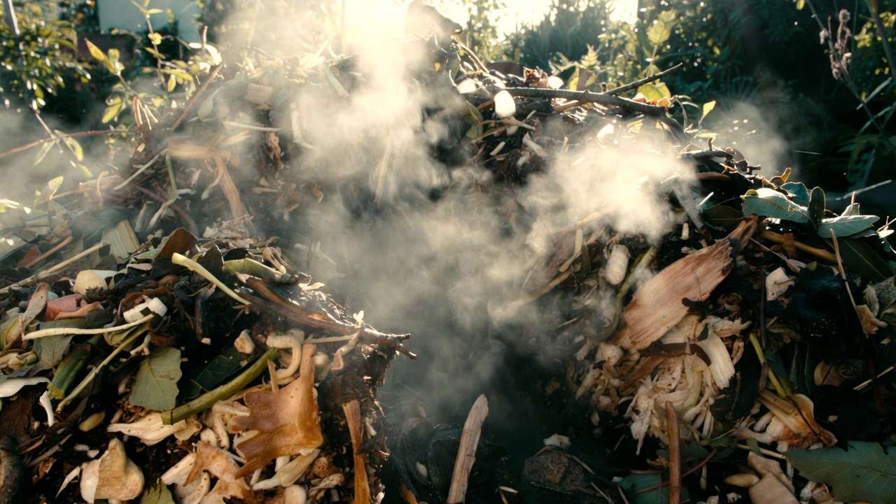 Steaming hot aerobic compost pile showing active decomposition in a home garden