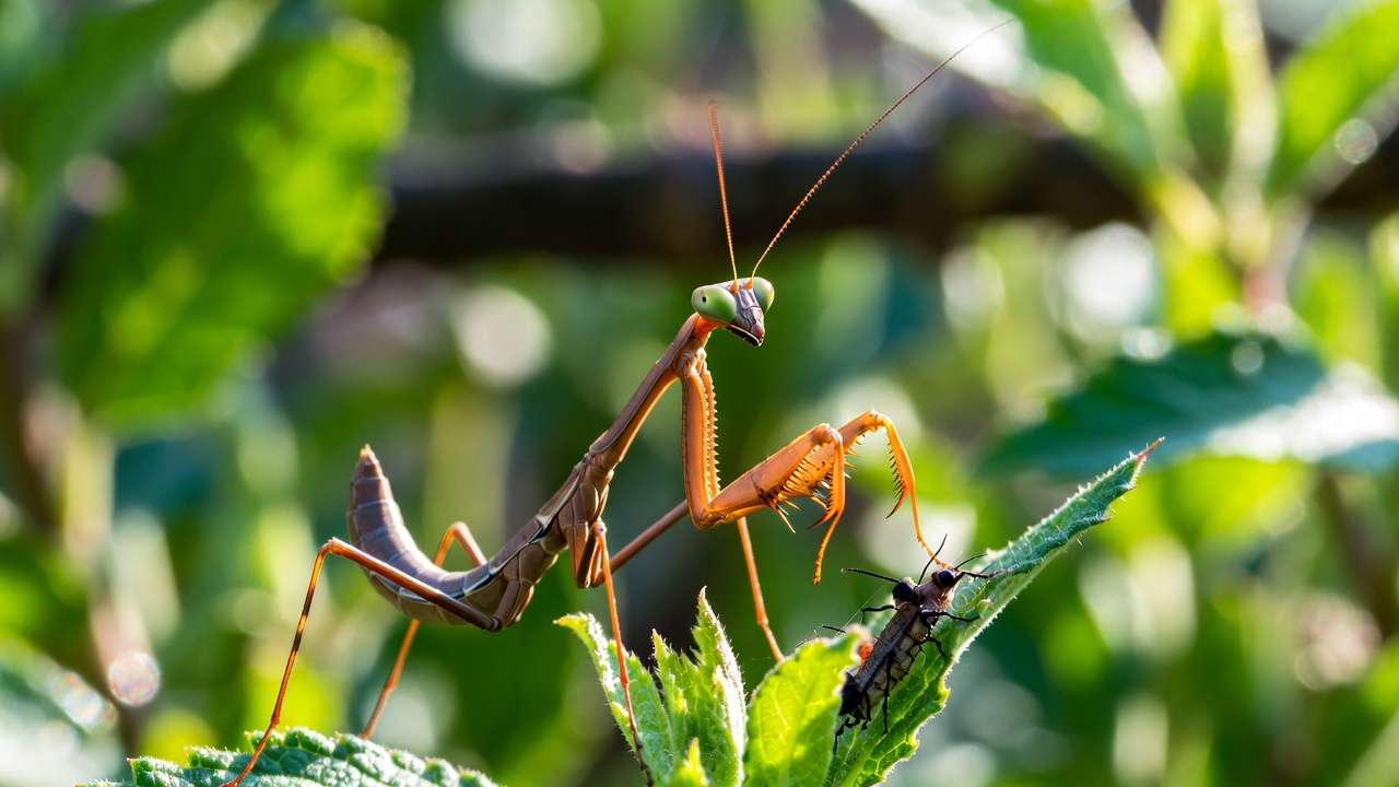 Praying mantis eating aphid on plant leaf for natural garden pest control