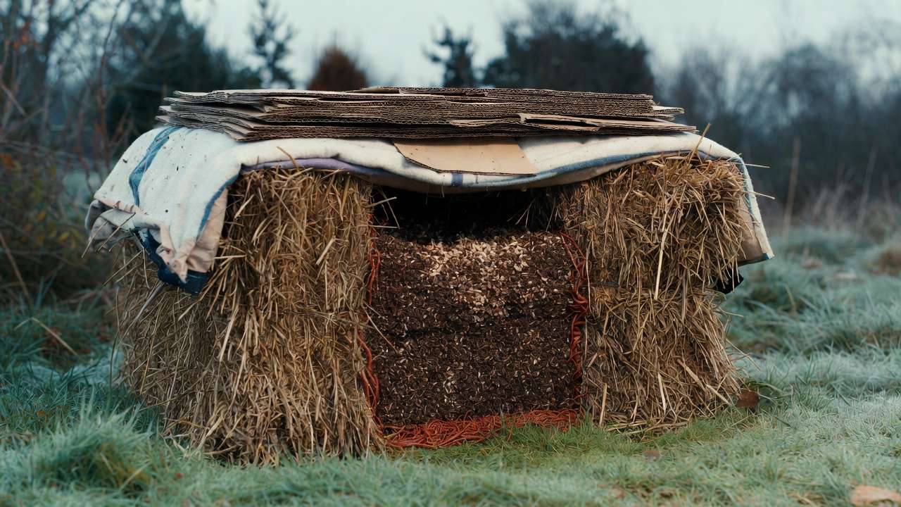 Insulated worm bin for winter protection with straw and blankets to maintain temperature for red wigglers
