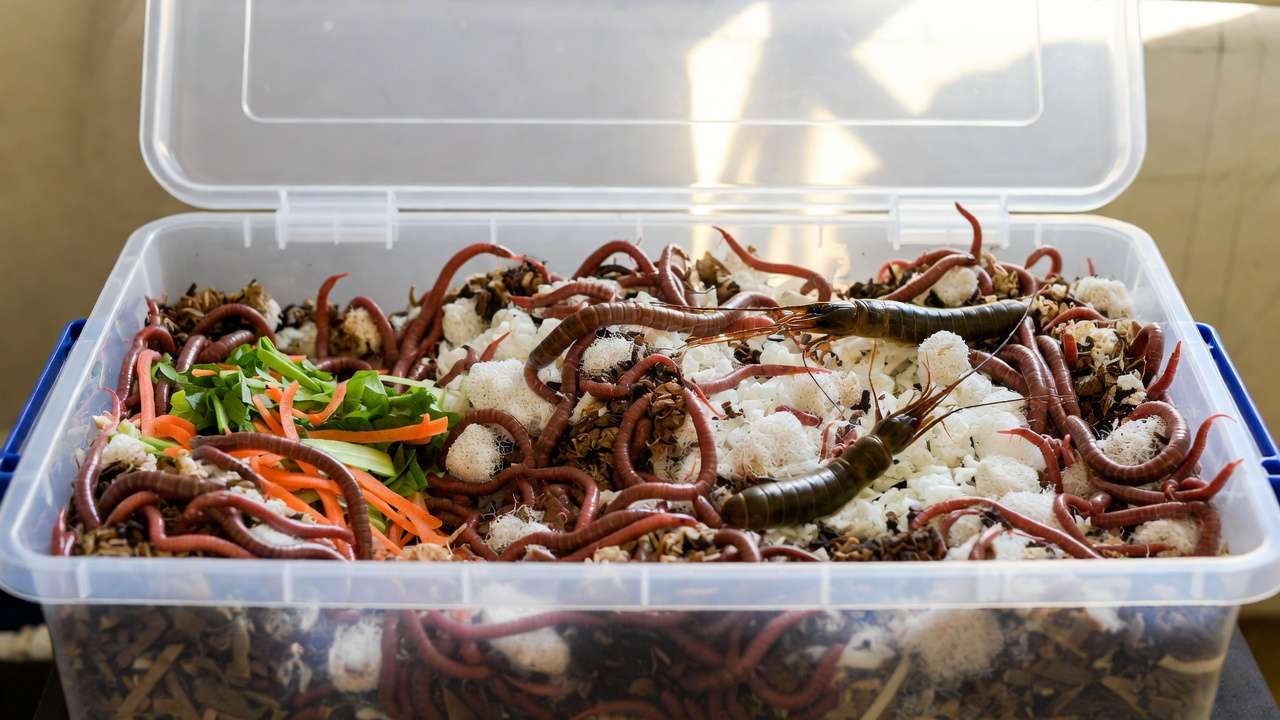 Properly set up vermicompost bin with red wigglers and European nightcrawlers in moist bedding