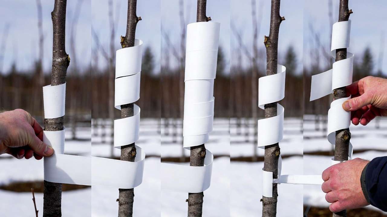 Proper technique for applying white spiral tree guard to young tree trunk in winter, showing overlapping layers and secure fit