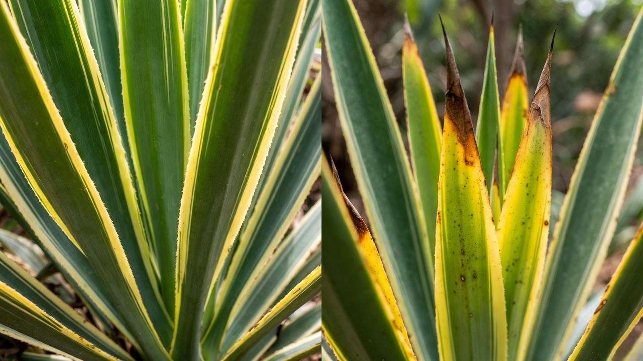 Common variegated yucca plant problems including yellow leaves, brown tips, and pests vs healthy foliage