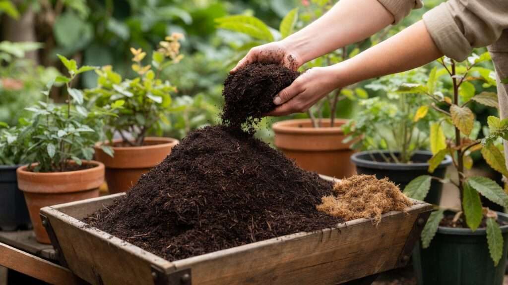 adding compost to homemade potting mix