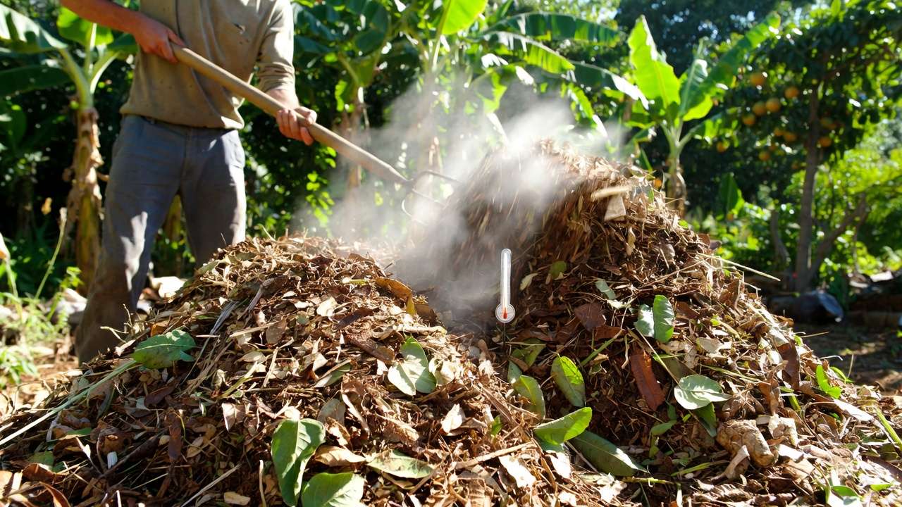 Gardener turning compost pile with pitchfork for fast hot composting