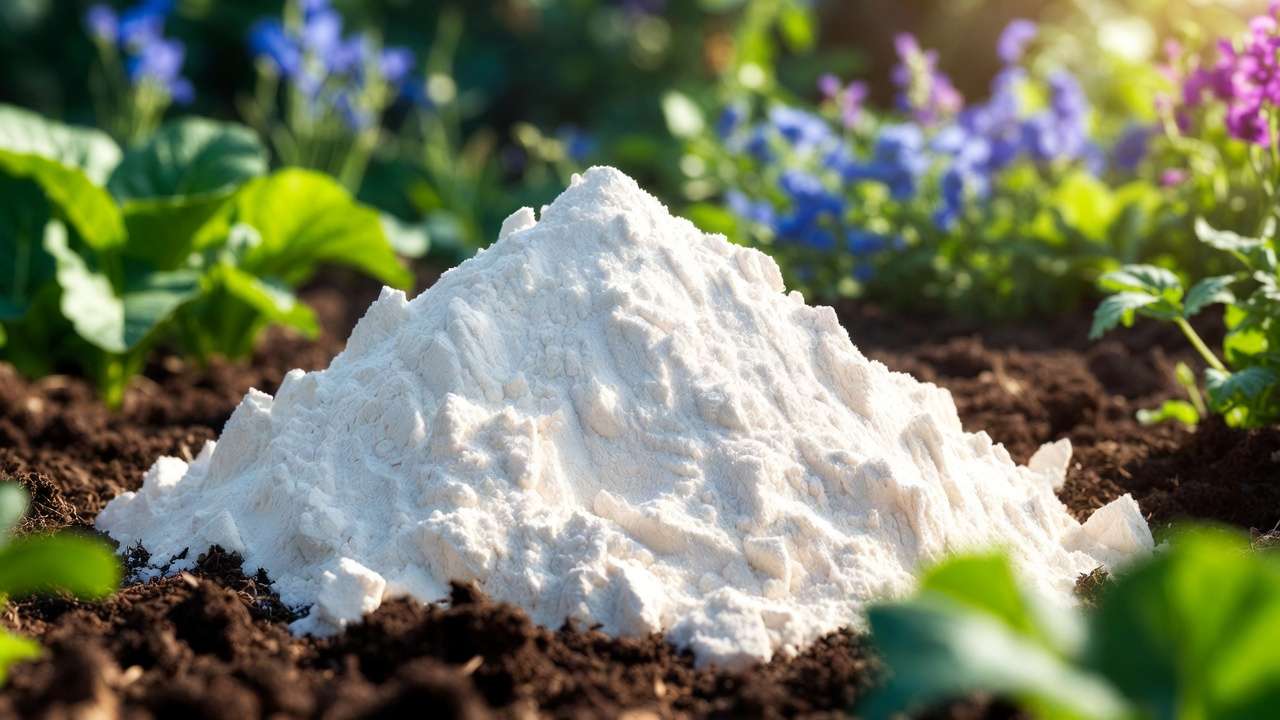 Close-up of food-grade diatomaceous earth powder in an organic garden setting