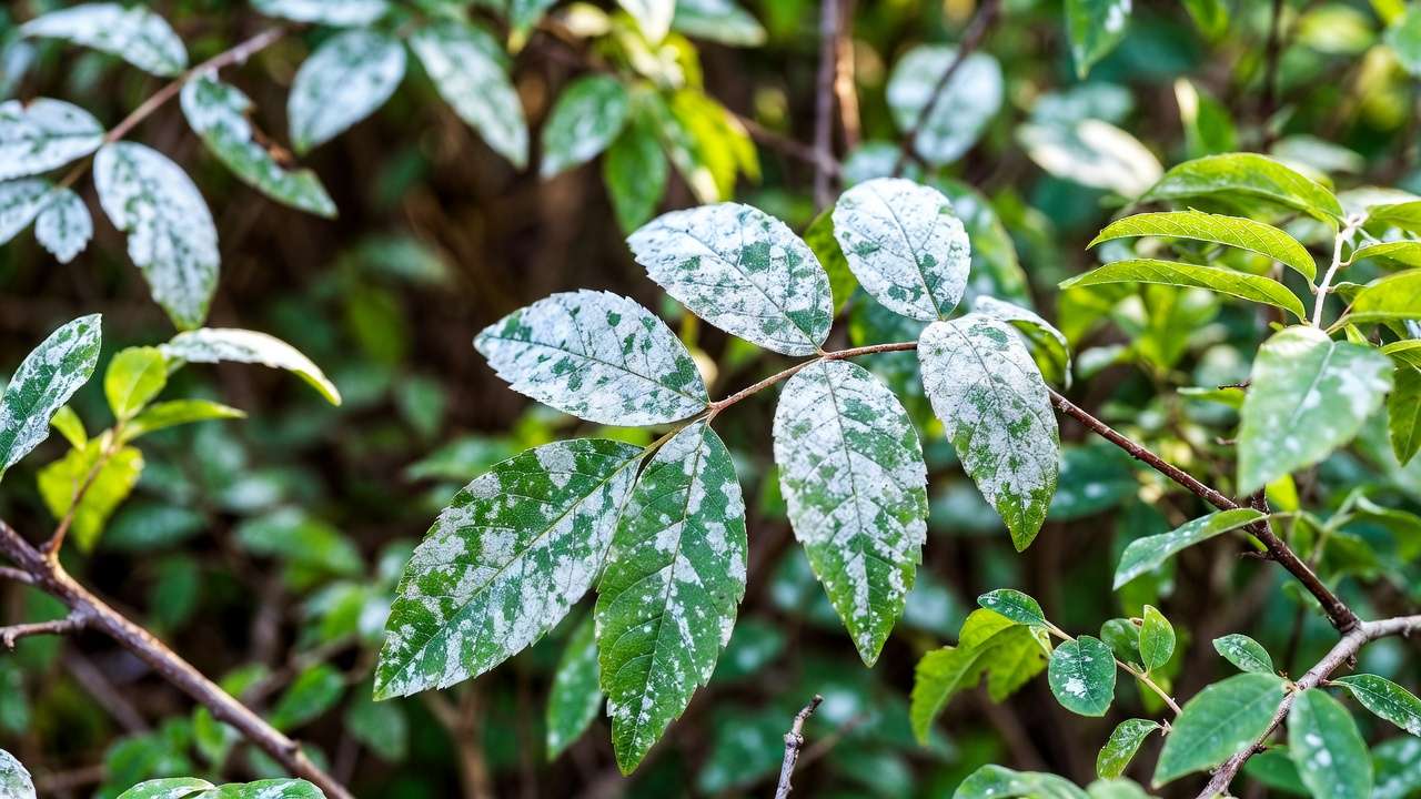 Close-up of powdery mildew white coating on plant leaves in home garden