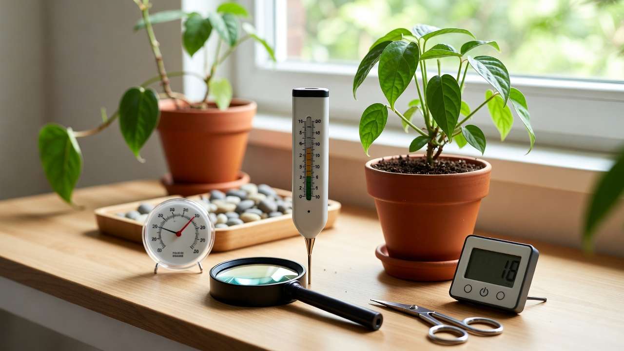 Plant care diagnostic tools including moisture meter, hygrometer, and inspection items for wilting leaves