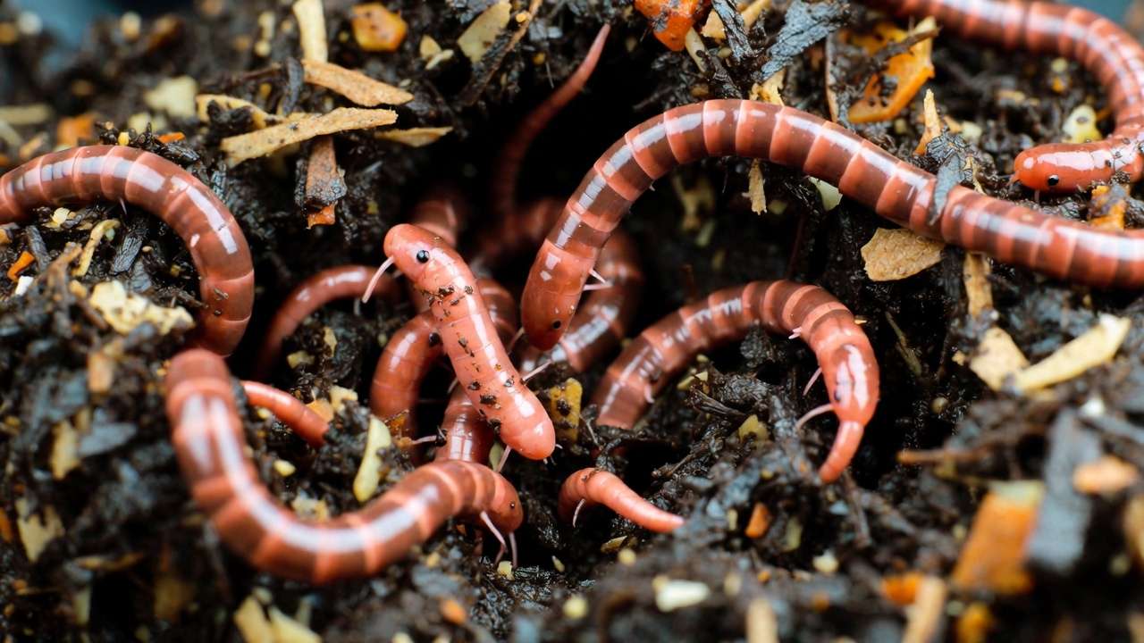 Close-up of healthy red wiggler worms in balanced vermicompost bedding to illustrate avoiding worm bin smells