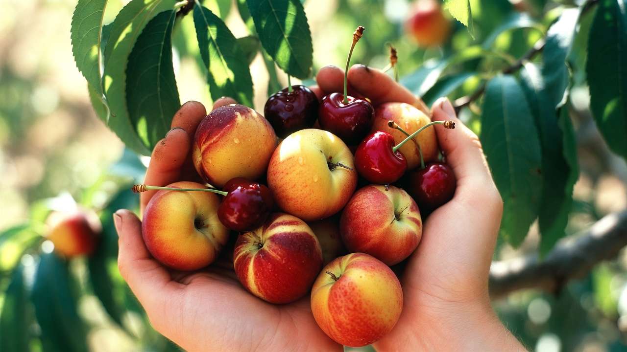 Abundant harvest of ripe peaches, nectarines and cherries from an open-center pruned stone fruit tree