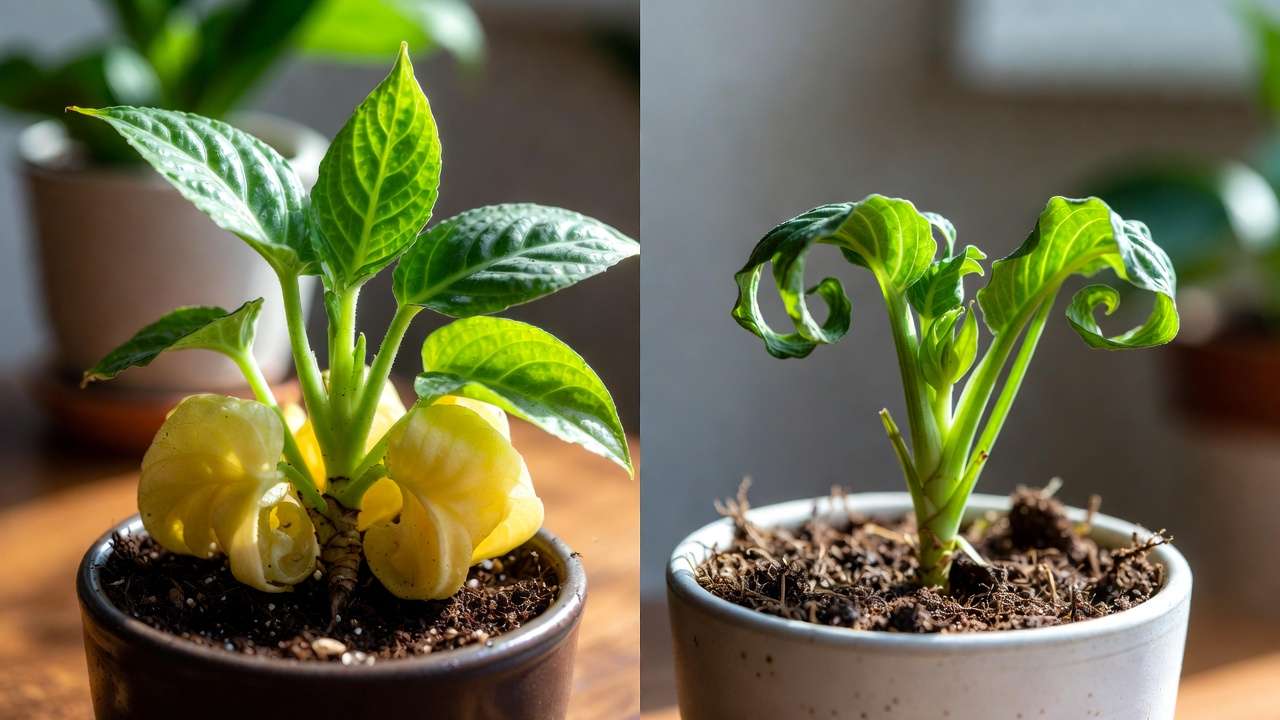 Side-by-side comparison of overwatered vs. underwatered houseplant soil and leaf symptoms