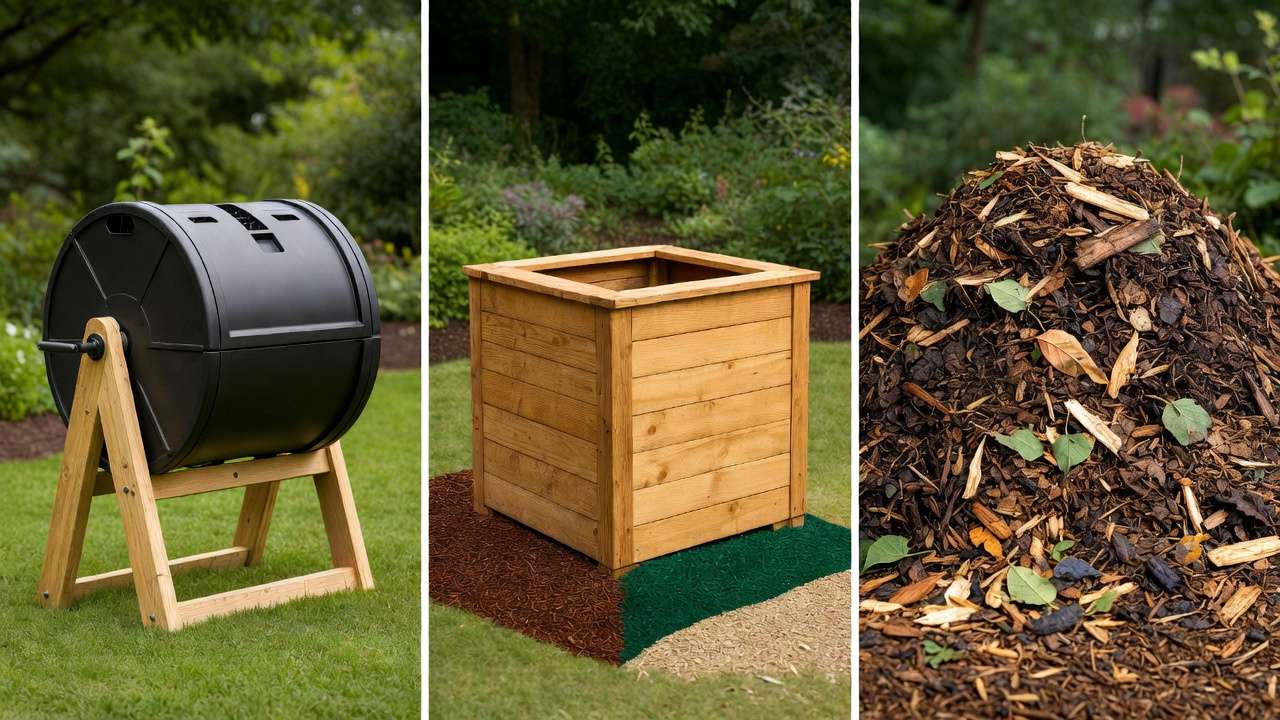 Side-by-side comparison of compost tumbler, traditional bin, and open pile in a backyard garden