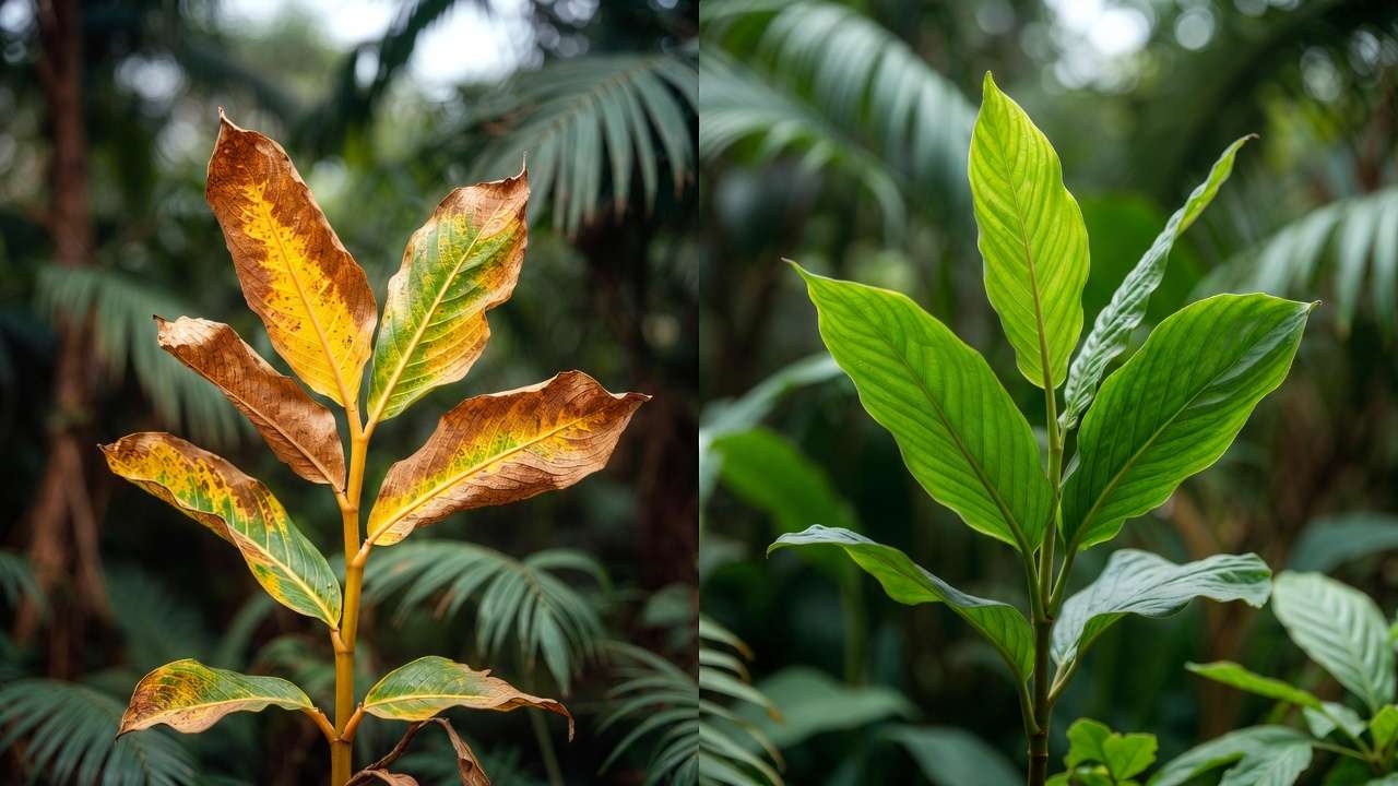 Side-by-side comparison: burned plant from fast-release fertilizer vs healthy plant from slow-release