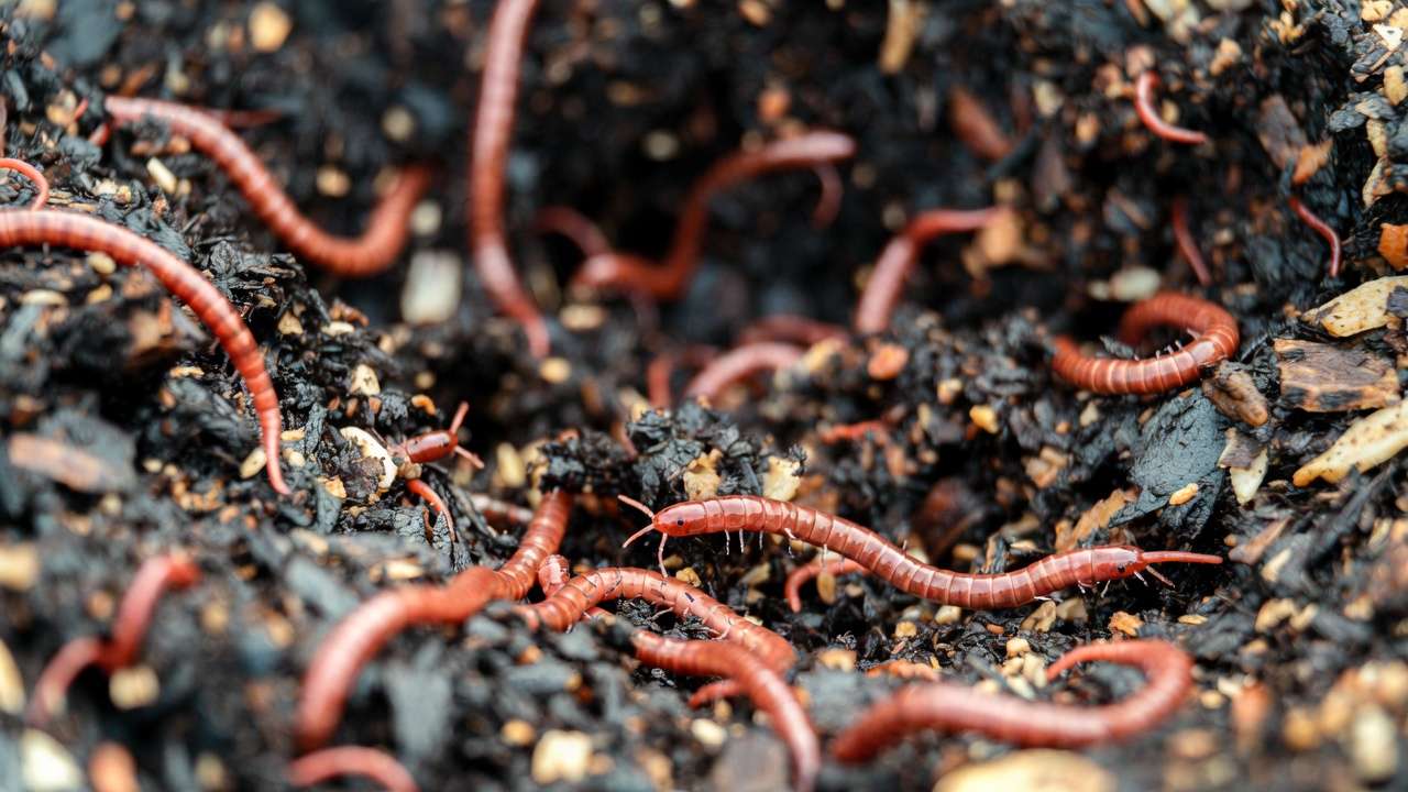 Active vermicomposting bin with red worms in properly moist bedding