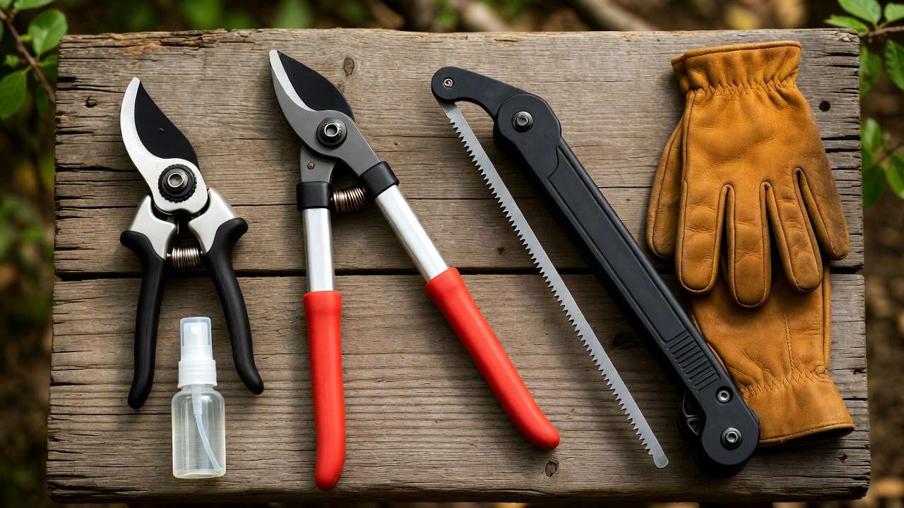 Essential pruning tools for achieving proper spacing for fruiting branches including bypass pruners loppers and saw