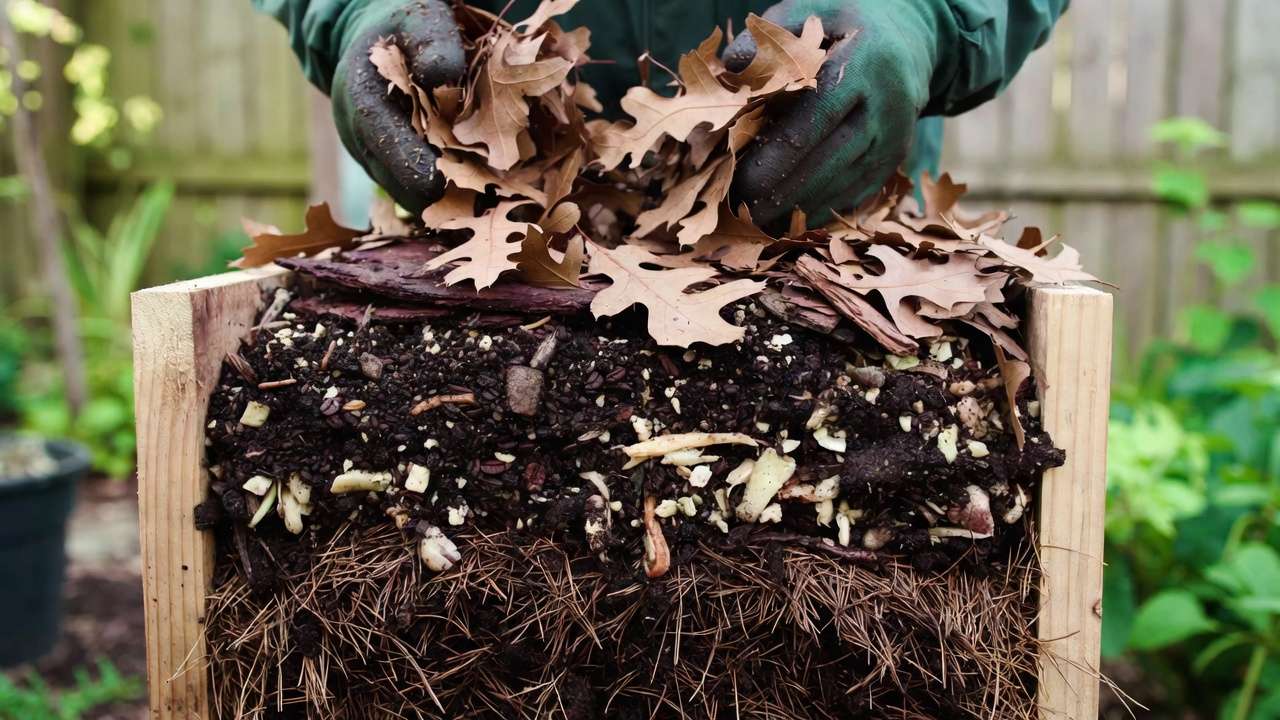 Layering pine needles, coffee grounds and leaves in compost bin for DIY ericaceous compost