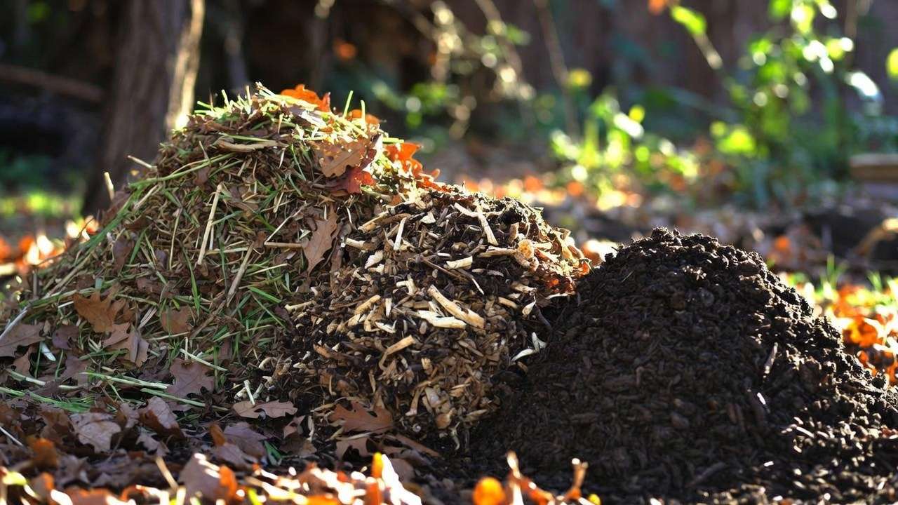 Side-by-side comparison of compost piles at different stages from fresh to fully broken down