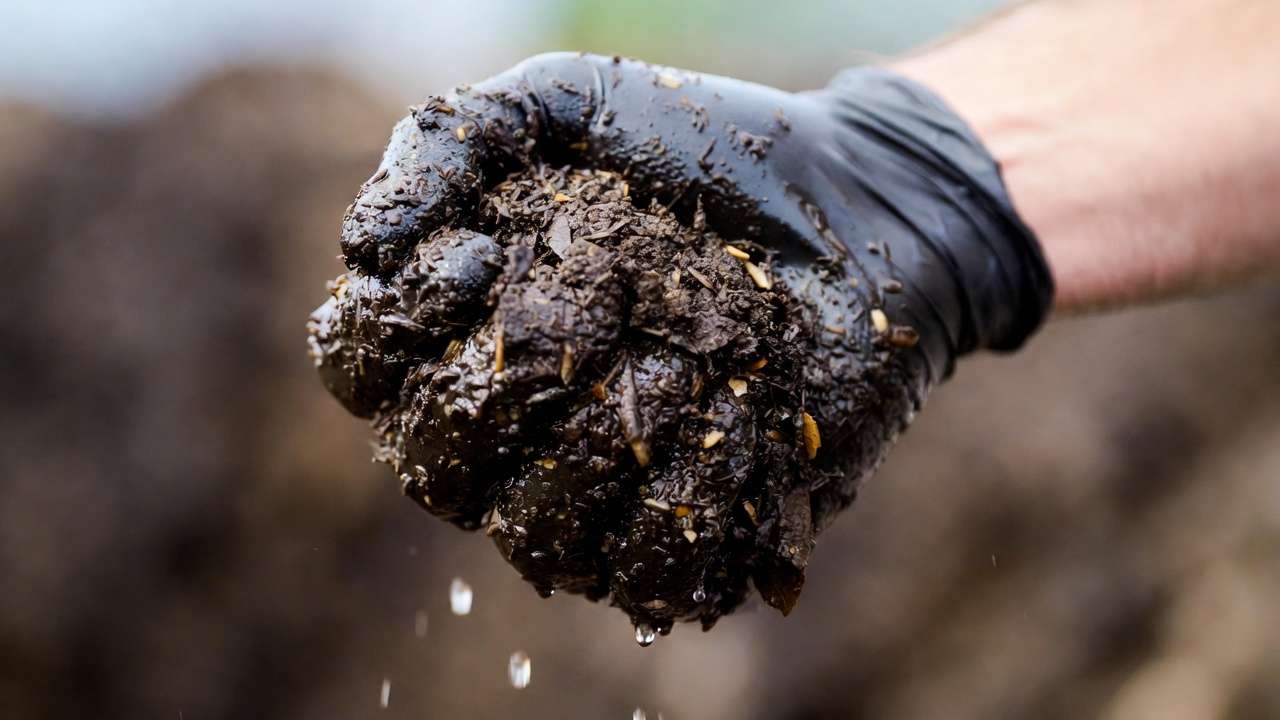 Close-up of hand squeeze test showing ideal compost moisture level with a few drops like wrung-out sponge