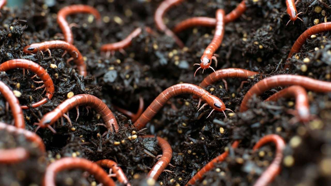 Healthy red wiggler worms in properly moist worm bin bedding showing ideal 70-80% moisture conditions