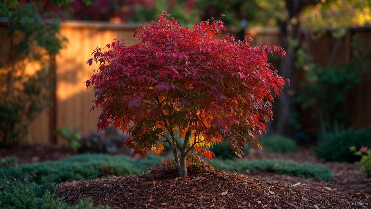 Dwarf Japanese maple as stunning focal point in small yard landscaping with fall color and uplighting