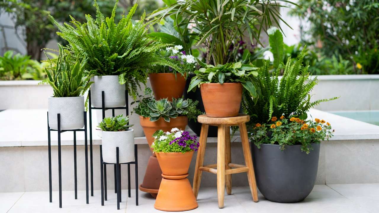 Creative elevation of potted plants using stands and stacked pots to add height and drama to a cohesive patio grouping