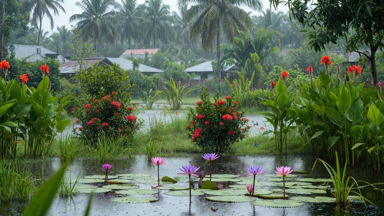 Tropical rain garden with Shapla lilies and Canna in Khulna backyard managing water runoff