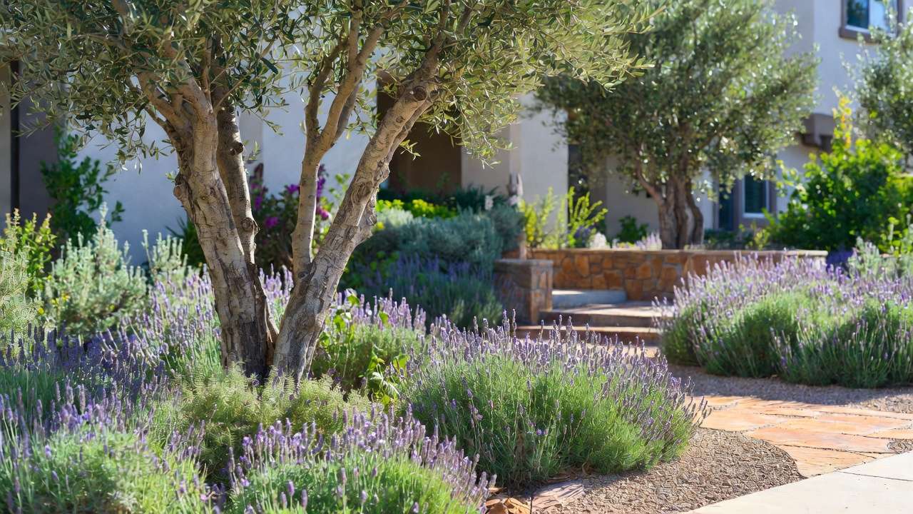 Mediterranean xeriscape front yard with olive trees, lavender, and gravel path