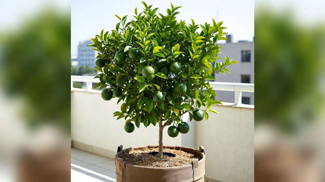Dwarf grafted fruit tree thriving in a large container on balcony, ideal for urban and small-space gardening