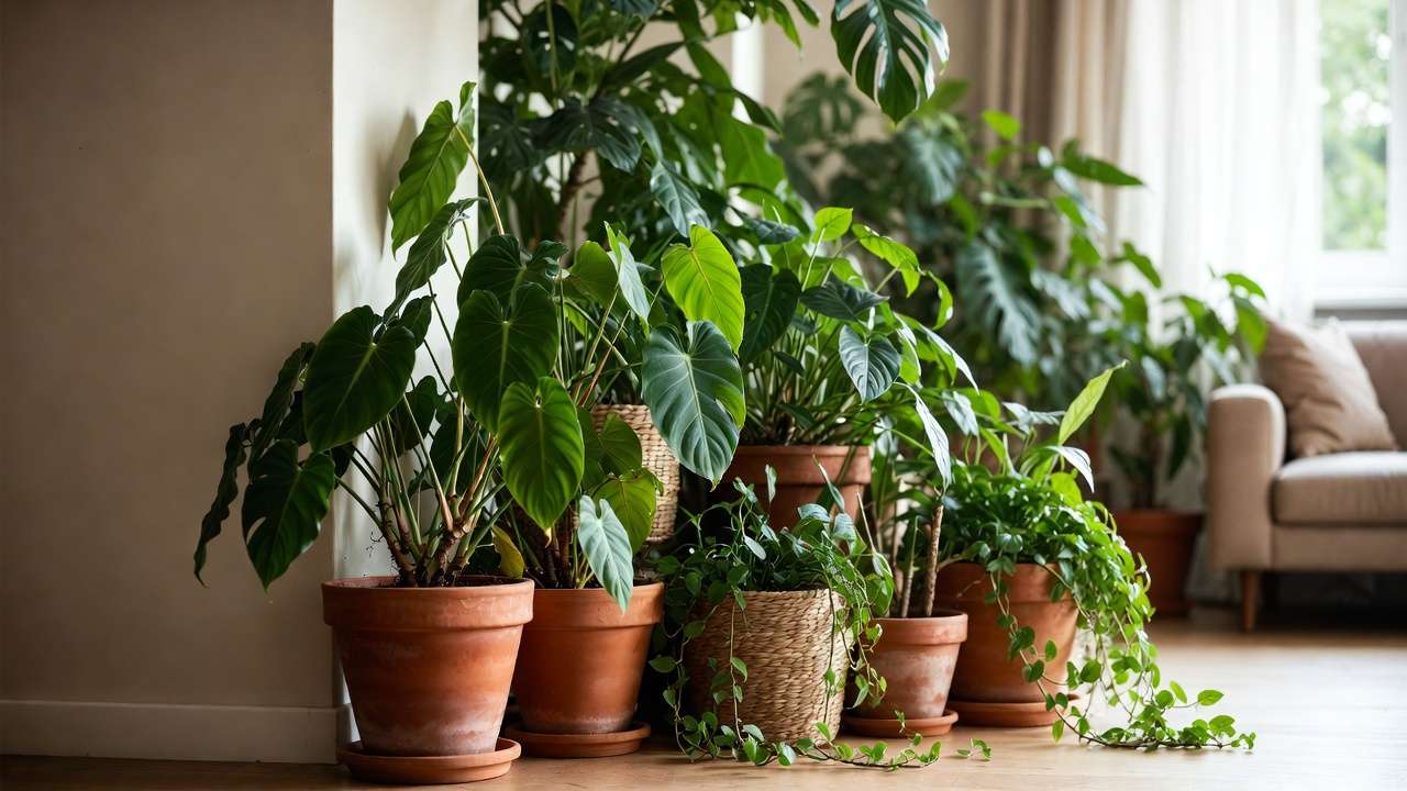 Lush philodendron group in cozy home corner boosting humidity, stress relief, and biophilic wellness.