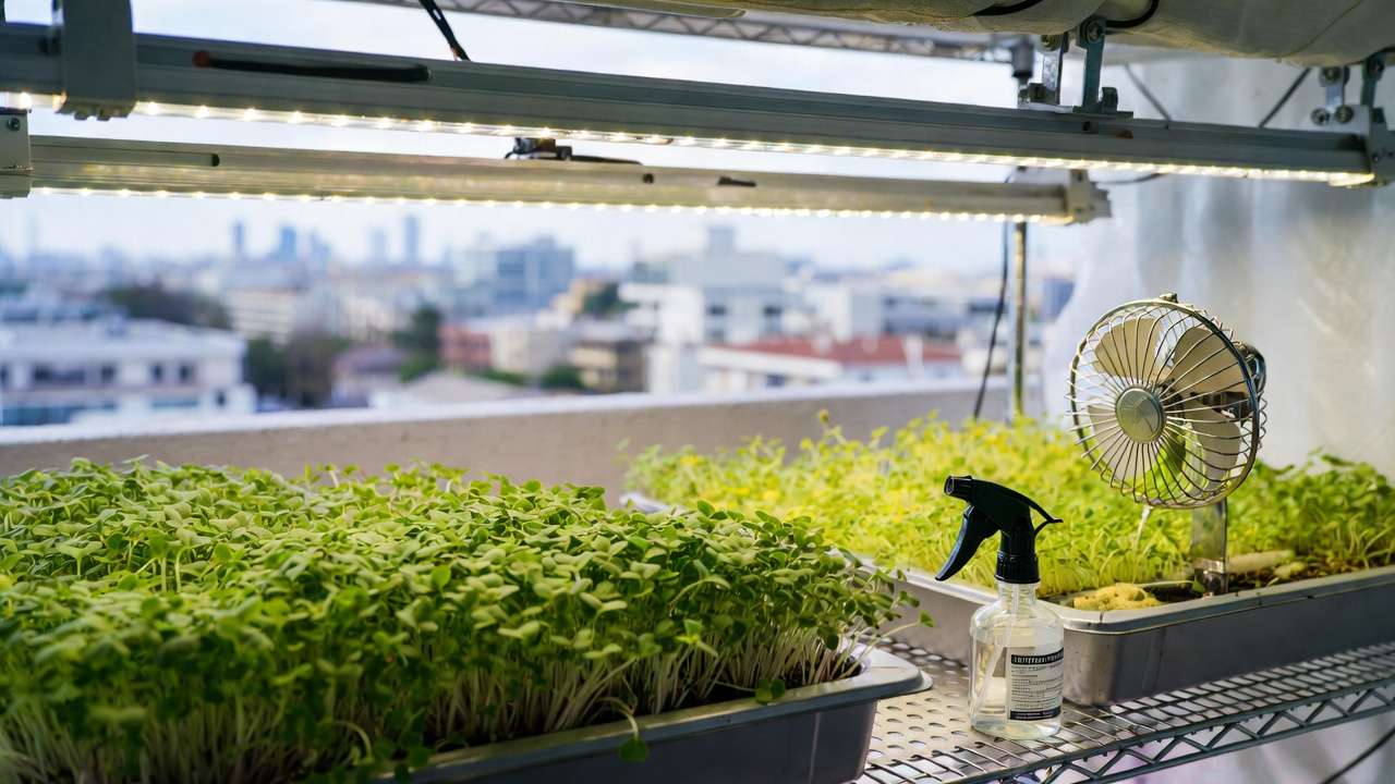 Urban microgreens mold troubleshooting with fan airflow and safe treatment on balcony shelf