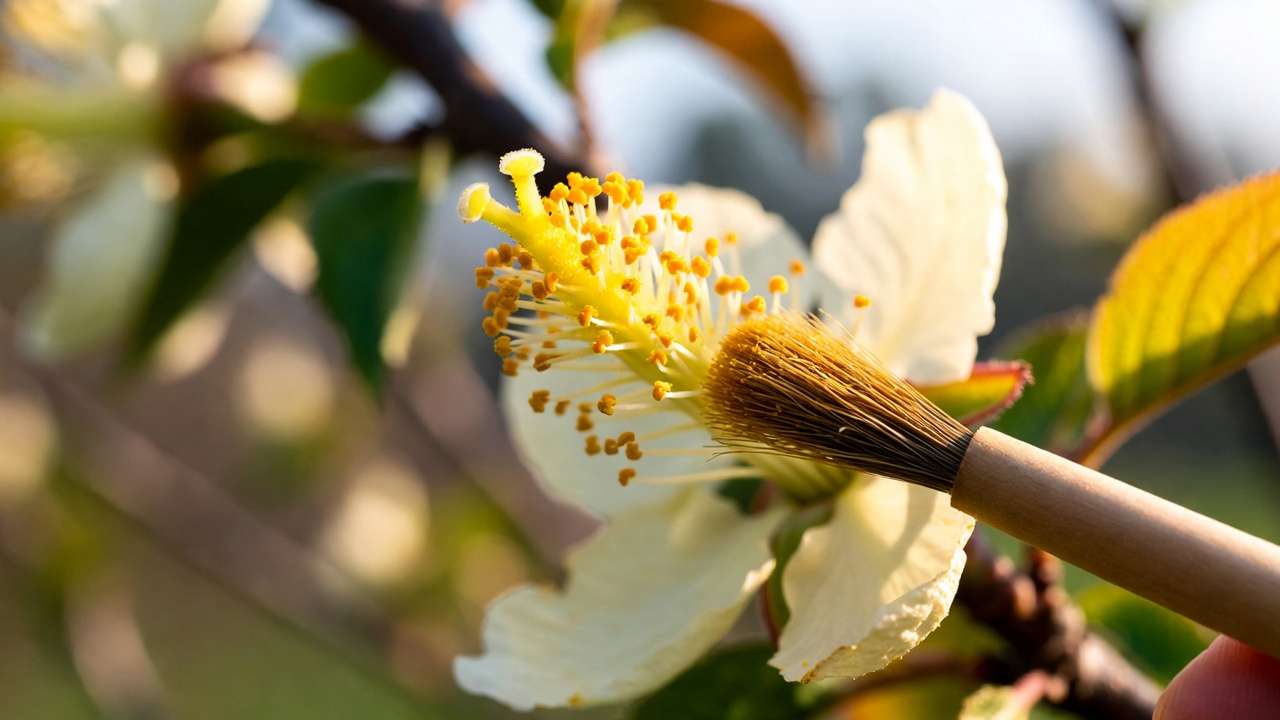 Hand-pollinating fruit tree flower with brush to improve fruit set