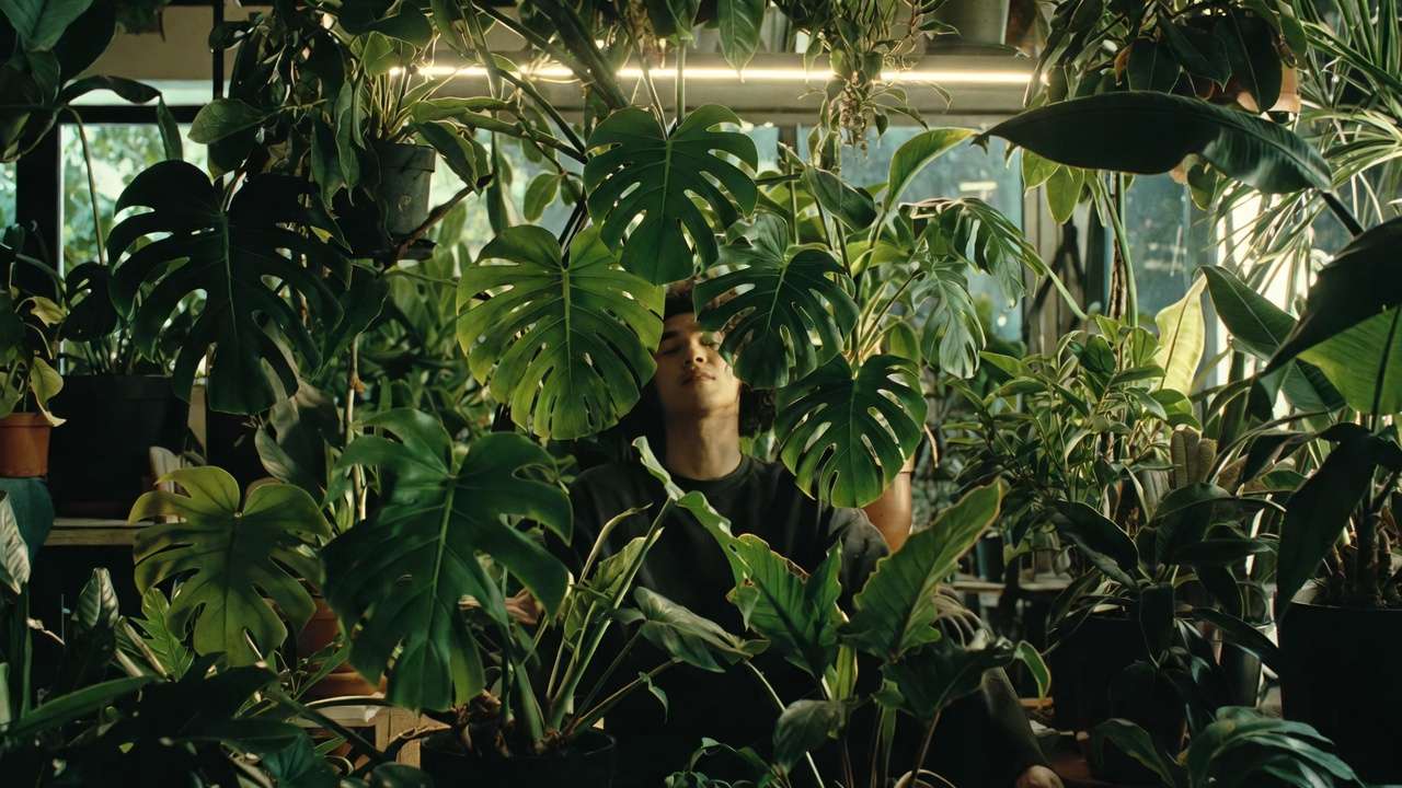Person relaxing among thriving houseplants under mood-enhancing full-spectrum LED lighting in home oasis