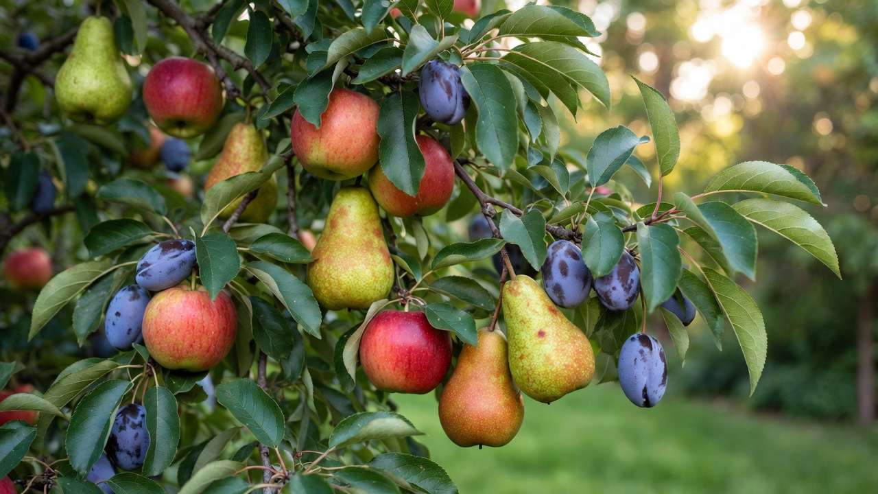 Multi-variety fruit cocktail tree with apples pears and plums growing together in home orchard grafting result
