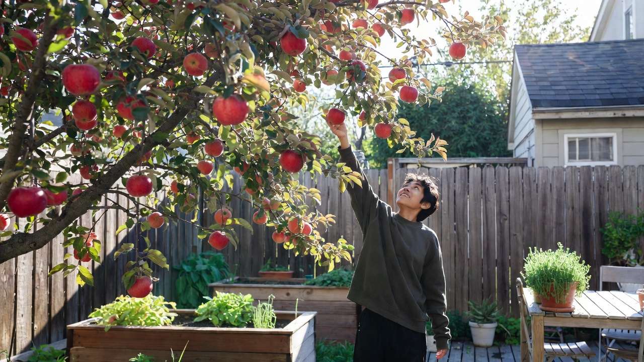 Easy harvesting from a compact dwarf apple tree in a small backyard garden