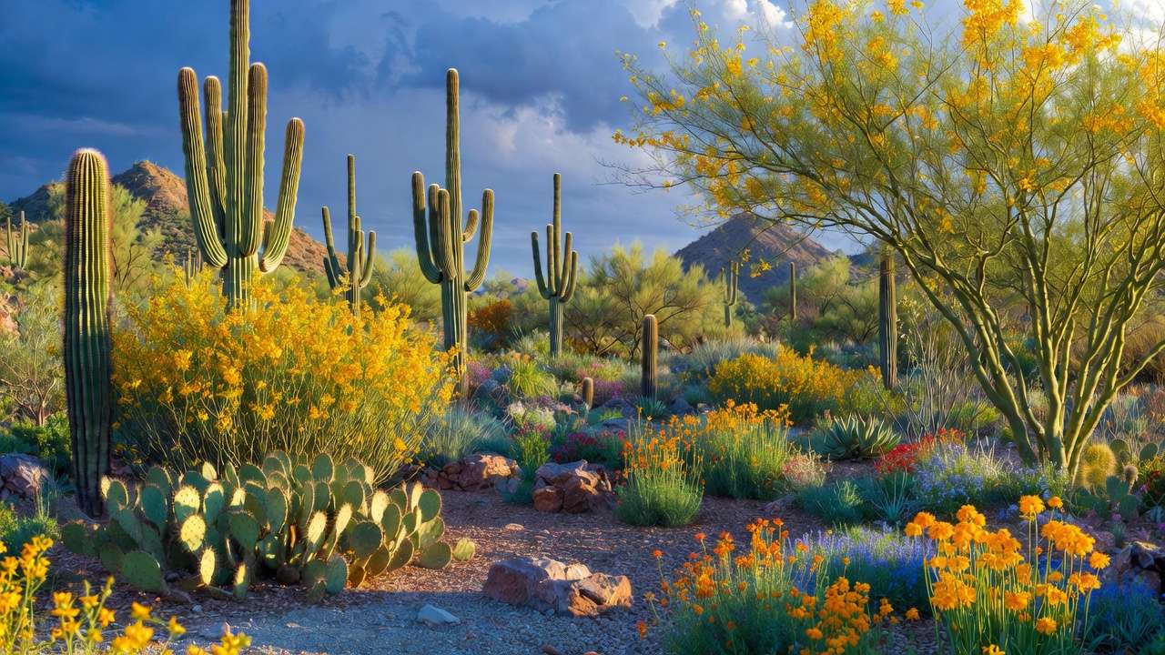 Vibrant native desert garden with saguaro cacti, blooming brittlebush, and wildflowers in xeriscape landscaping