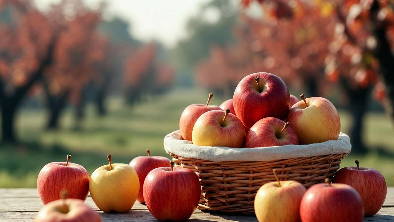 Freshly picked apples stored stem-up in padded basket to prevent bruising and extend shelf life
