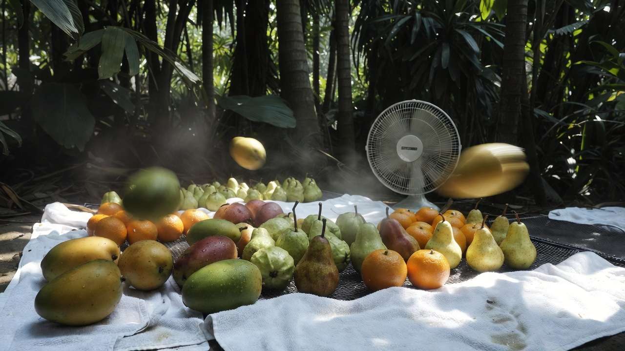 Properly air-drying washed mangoes, guavas, and citrus on racks to prevent mold in humid climate