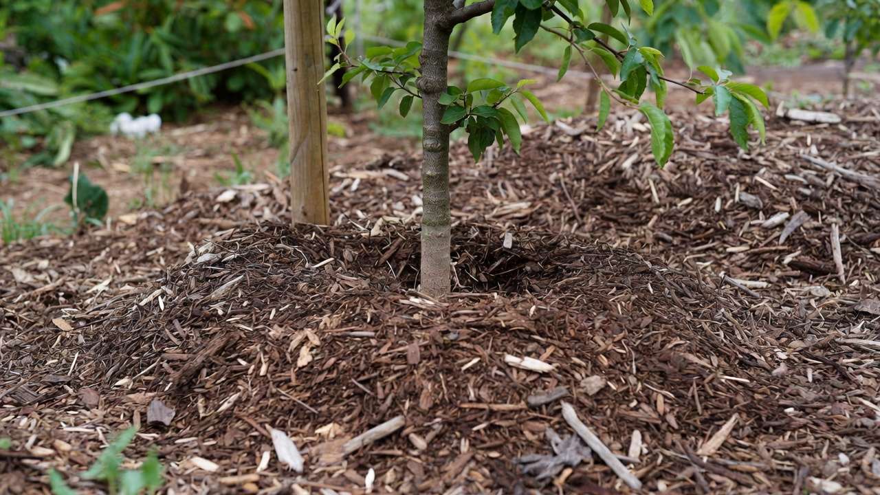 : Properly mulched base of staked young fruit tree with wood chips for moisture retention and root health.