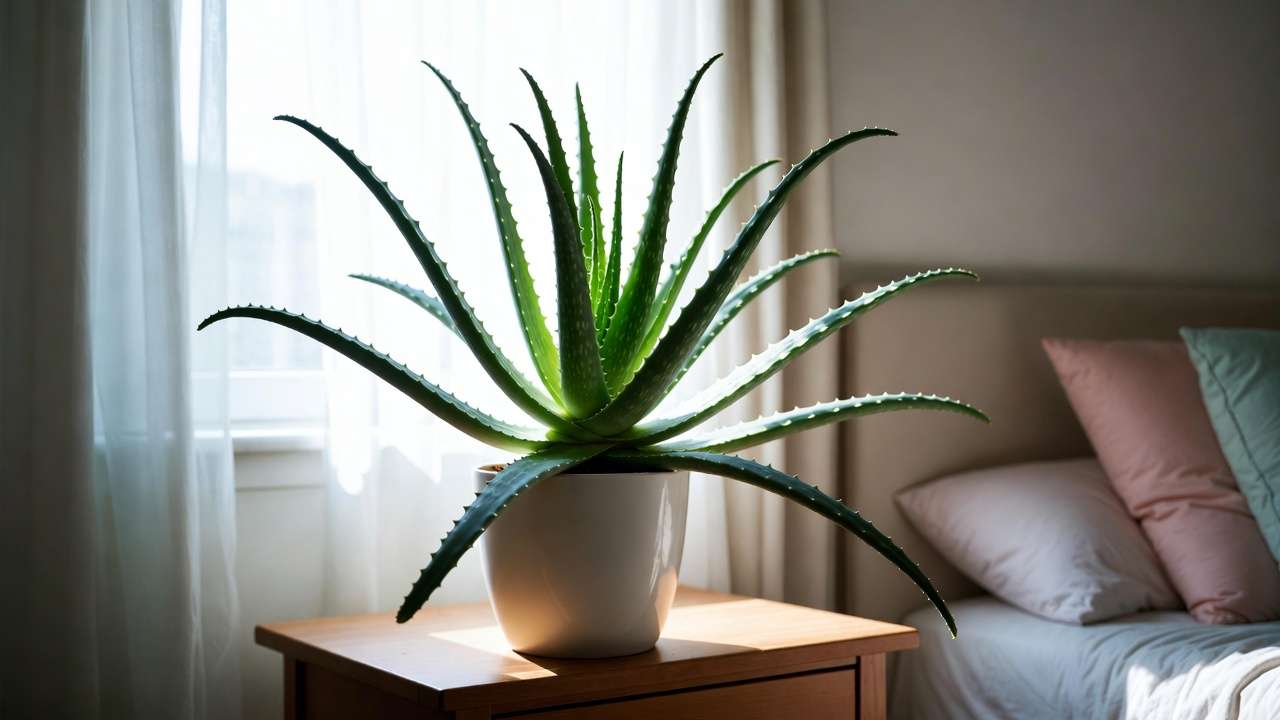 Aloe vera plant on bedroom nightstand, CAM photosynthesis for nighttime oxygen and calming benefits.