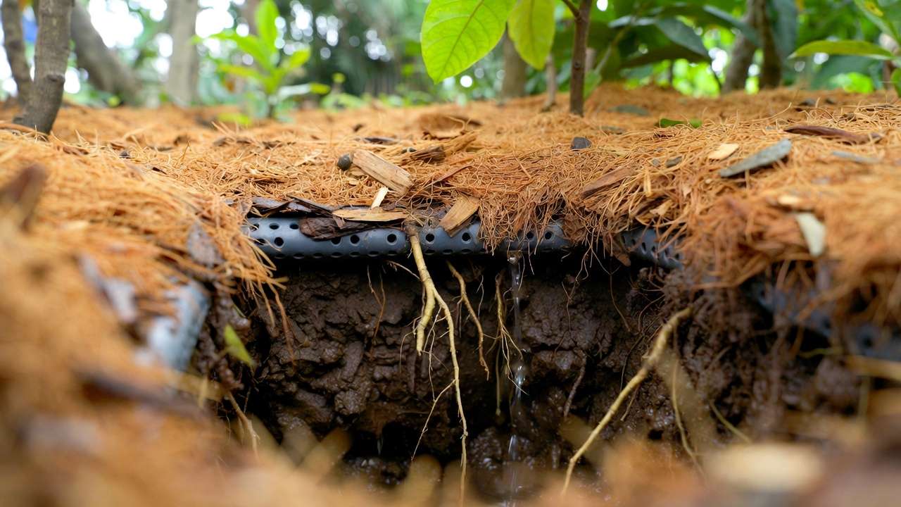 Subsurface greywater drip irrigation hidden under thick organic mulch feeding tree roots in sustainable garden