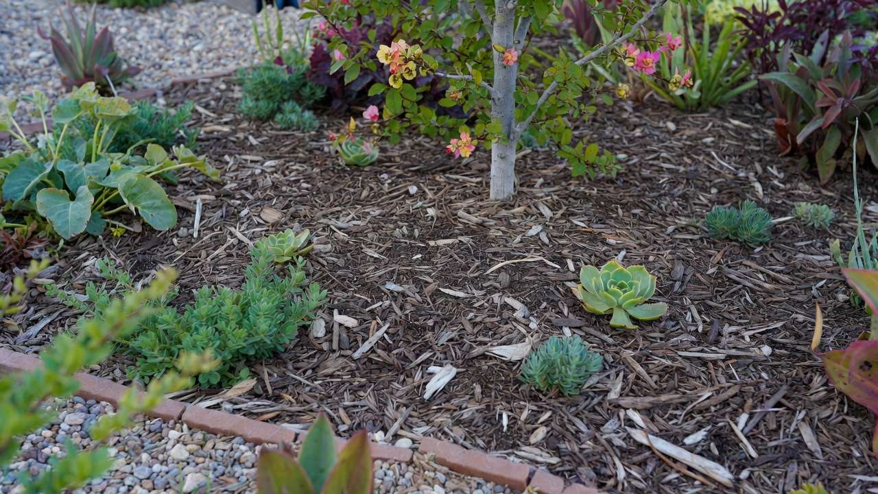 Thick organic mulch applied around drought-tolerant plants and tree in xeriscape garden for moisture retention.